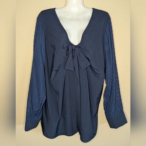 Shein Navy Tie Front Blouse With Lace Sleeves